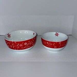 Clay Art Ceramic Holiday Bowl, Red & White, Snowflakes, 2pc Set, Party, Serving